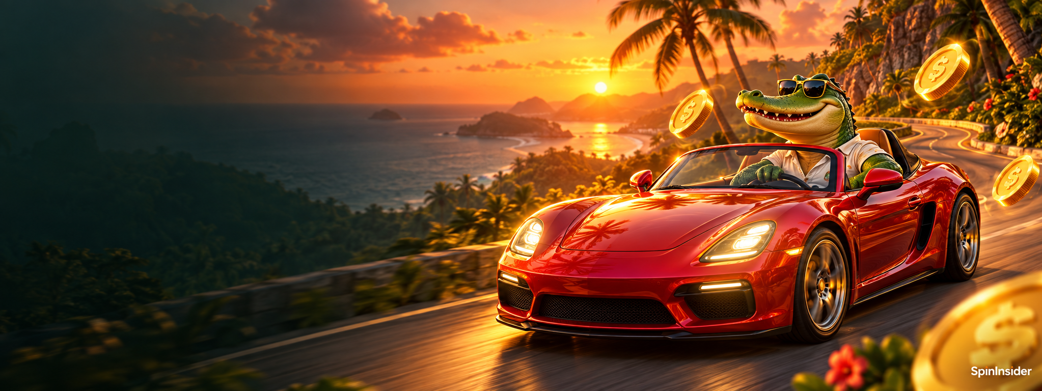 PlayCroco crocodile driving a red convertible along a tropical coastal road at sunset